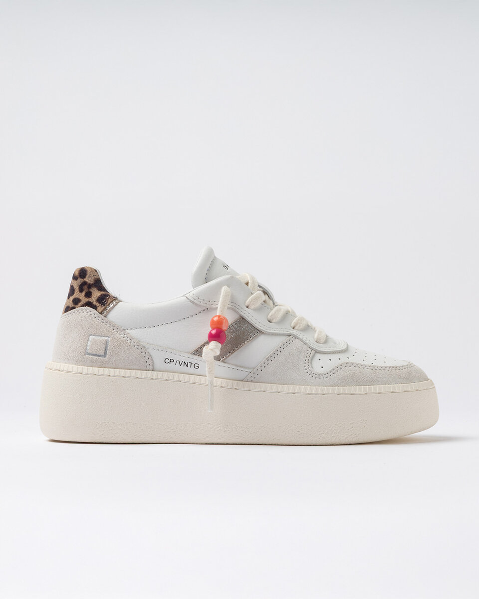 PLATEFORME COURT EN VEAU VINTAGE BLANC-LÉOPARD