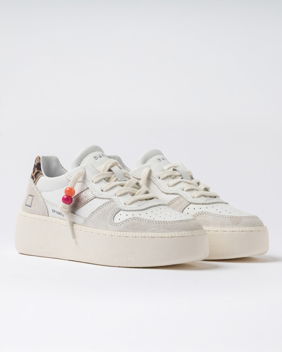 PLATEFORME COURT EN VEAU VINTAGE BLANC-LÉOPARD